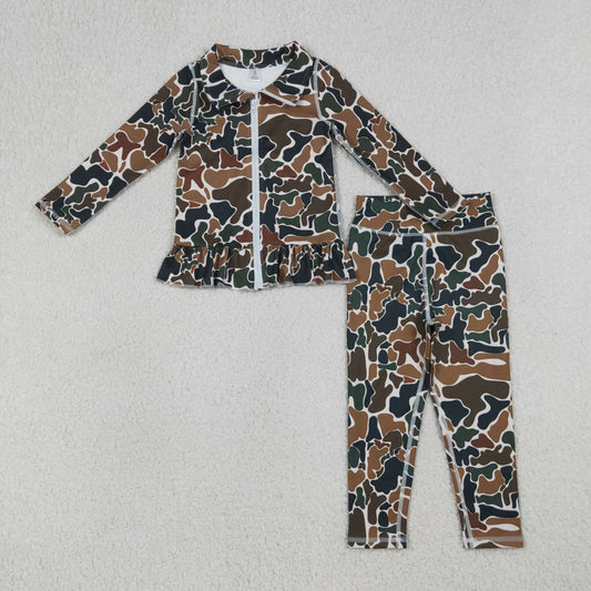 GLP2992 Kids Baby Girls Dark Brown Camo Ruffle Zip Jacket Leggings Yoga Active Clothes Sets