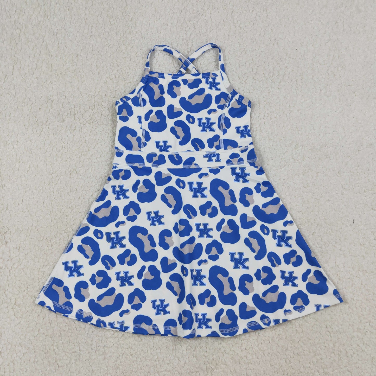 GSD3630 Kids Baby Girl Strap Blue Leopard UK Team Yoga Active Shorts Knee Length Dresses