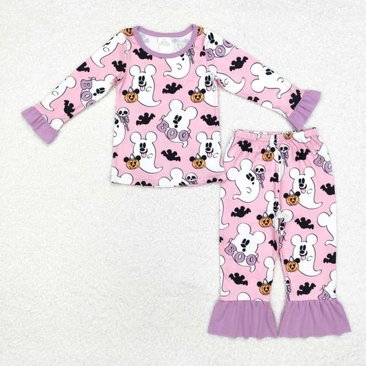 GLP1544 Baby Girls Halloween Pink Ghost Top Pants Pajamas Clothes Set