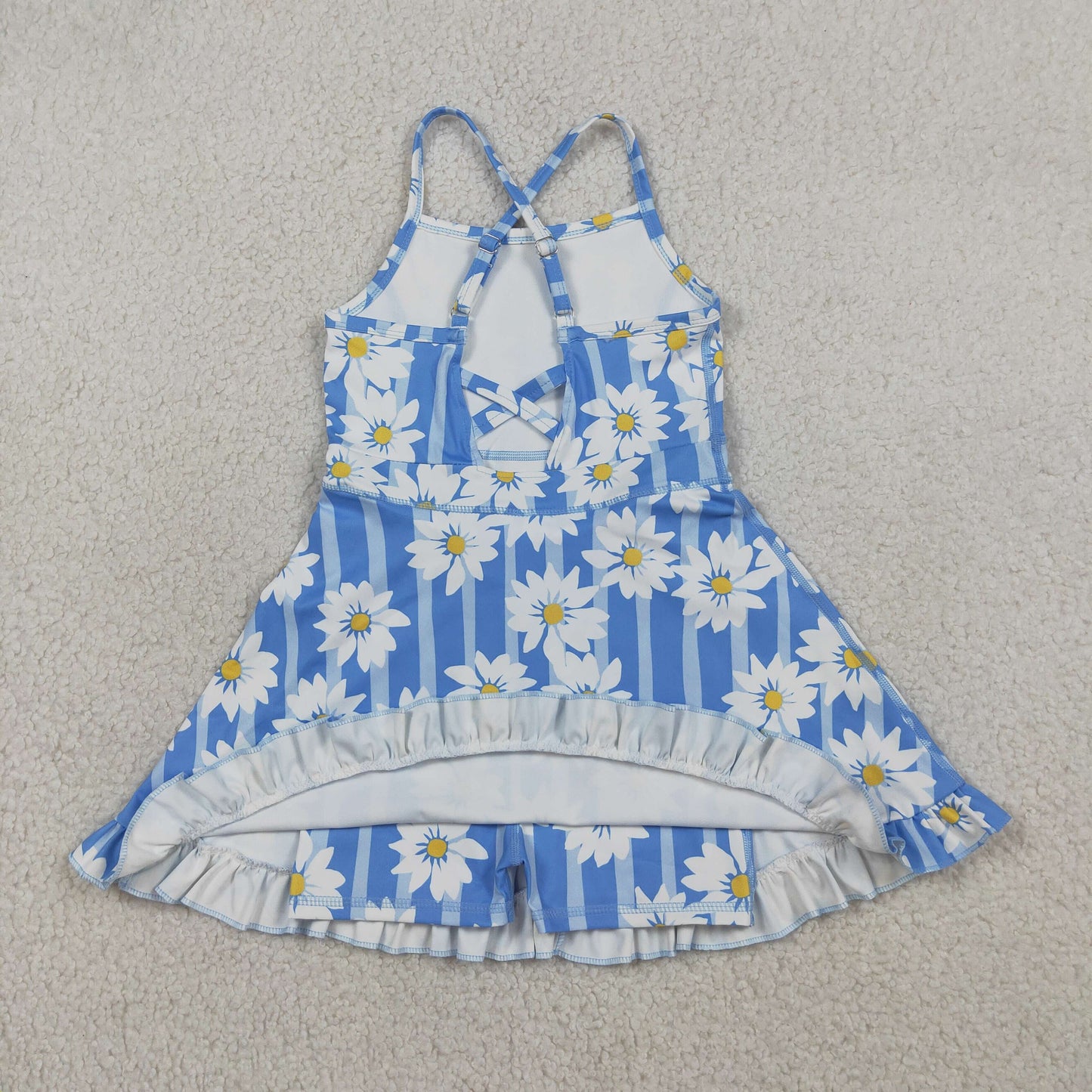 GSD2283 Kids Baby Girl Blue Strap Stripe Floral Yoga Ruffle Knee Length Dresses