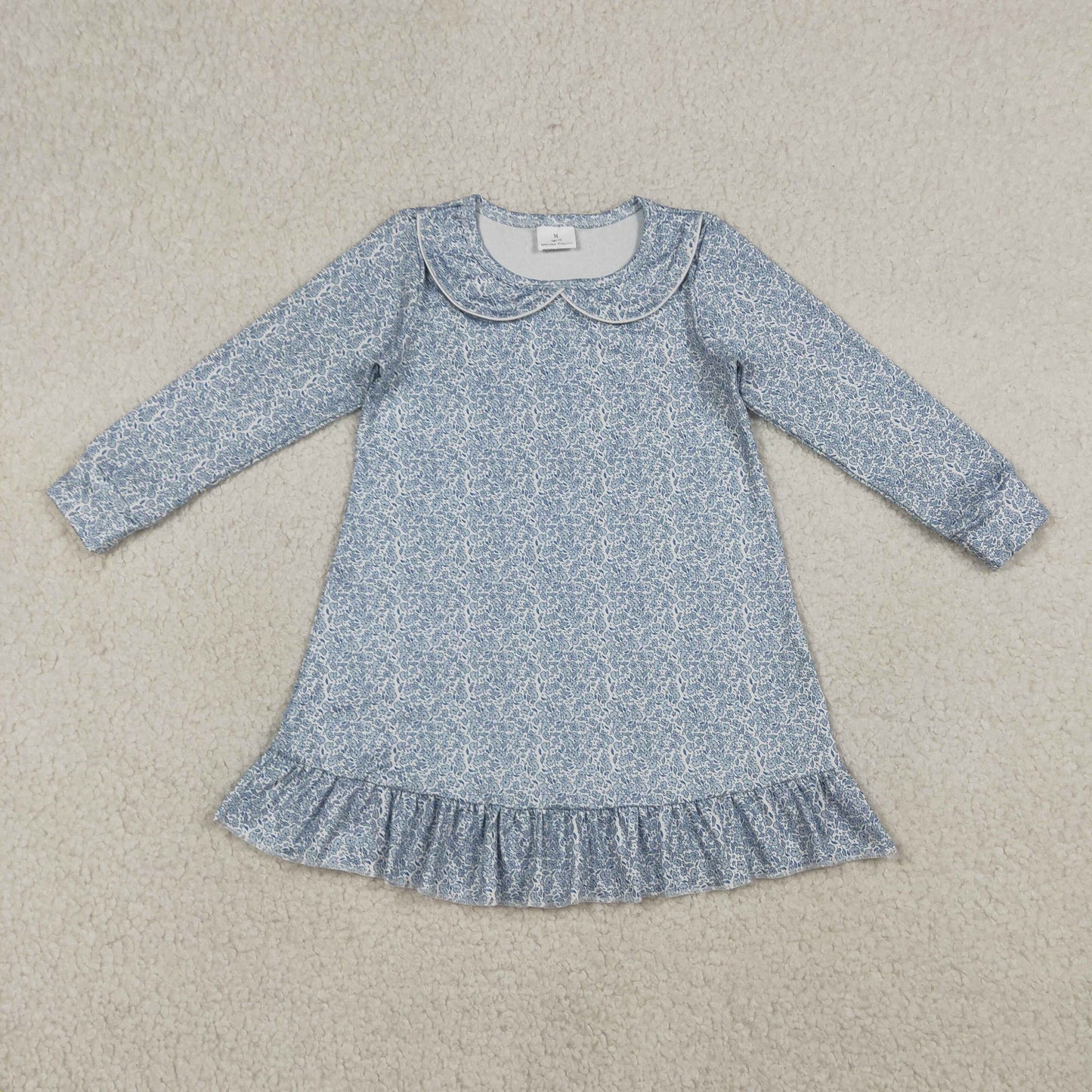 GLD1424 Kids Baby Girl Long Sleeve Blue Floral Collar Ruffle Knee Length Dresses