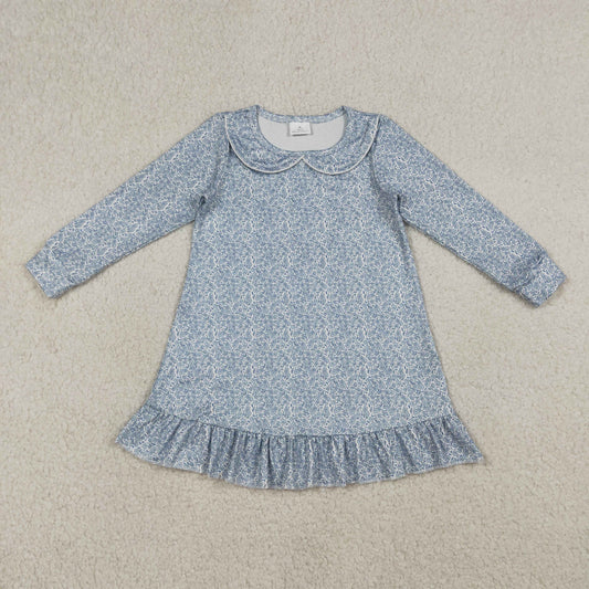 GLD1424 Kids Baby Girl Long Sleeve Blue Floral Collar Ruffle Knee Length Dresses