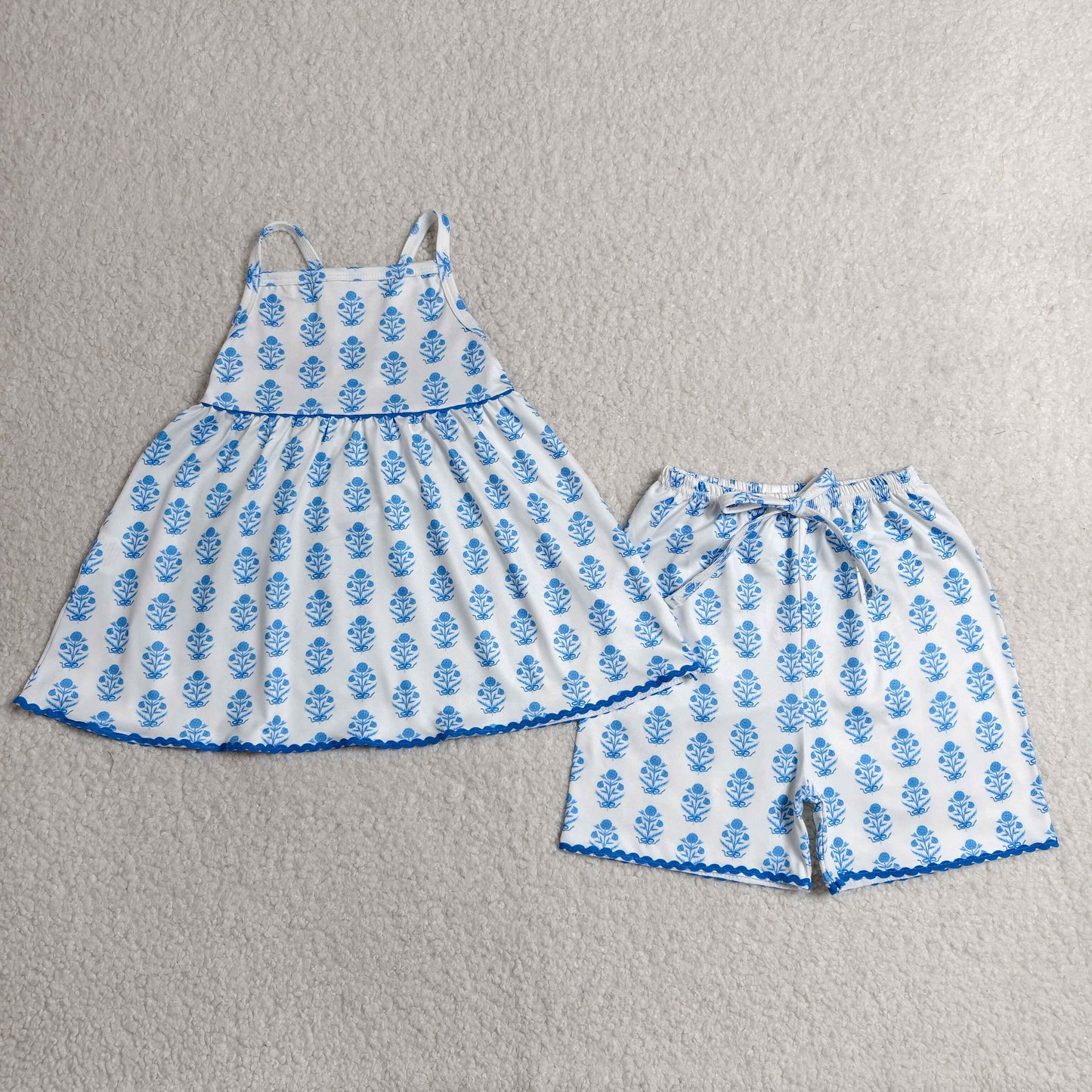 GSSO3416 Kids Baby Girls Strap Blue Flowers Plaid Tunic Short Clothes Sets