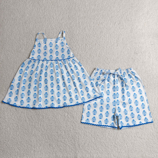 GSSO3416 Kids Baby Girls Strap Blue Flowers Plaid Tunic Short Clothes Sets
