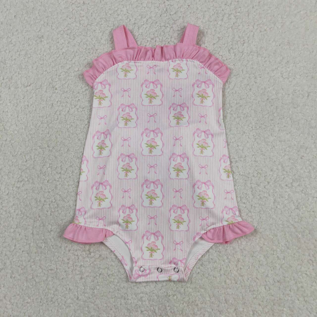 SR4112 Newborn Baby Girls Pink Strap Flowers Back Bows Ruffle Rompers Preorder