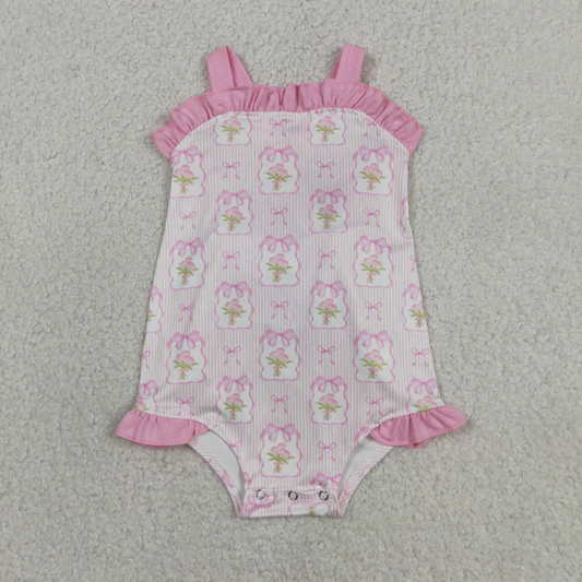SR4112 Newborn Baby Girls Pink Strap Flowers Back Bows Ruffle Rompers Preorder