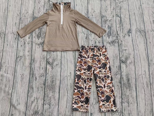 10.13 Custom Moq 8 Baby Boys Brown Zipper Pullover Camo Pants Western Clothes Sets