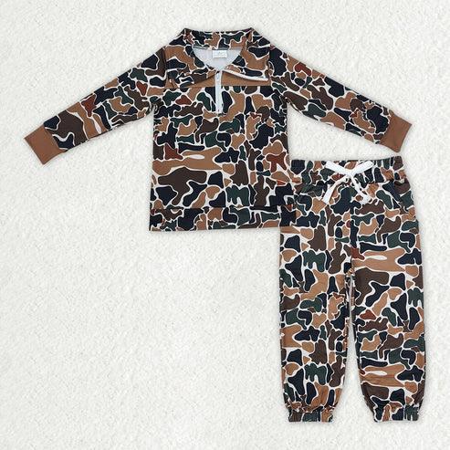 10.17 BT0810+P0650 Baby Boys Dark Brown Camo Zipper Pullover Top Pocket Jogger Clothes Set