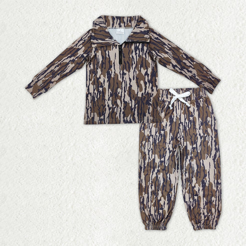 10.17 BT0957+P0649 Baby Boys Olive Camo Long Sleeves Zipper Pullover Pocket Jogger Pants Clothes Set