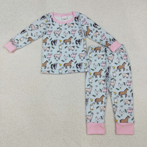 10.10 GLP2564 Baby Girls Long Sleeves Horses Chicks Top Pant Farm Pajamas Set