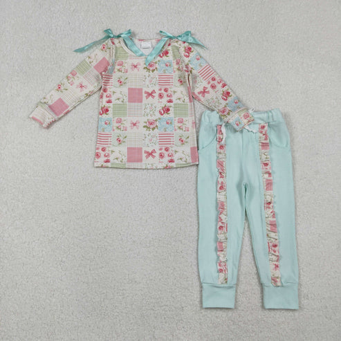 10.25 GLP2551 Baby Girls Long Sleeves Flowers Plaid Top Pockets Legging Pant Set