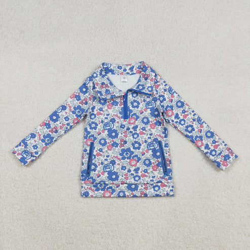 10.14 GT1192 Baby Girls Blue Floral Zipper Pockets Yoga Pullovers Top