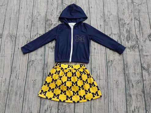 10.13 Custom Moq 8 Baby Girls Navy M Zipper Hoodie Jackets Skorts Team Clothes Sets