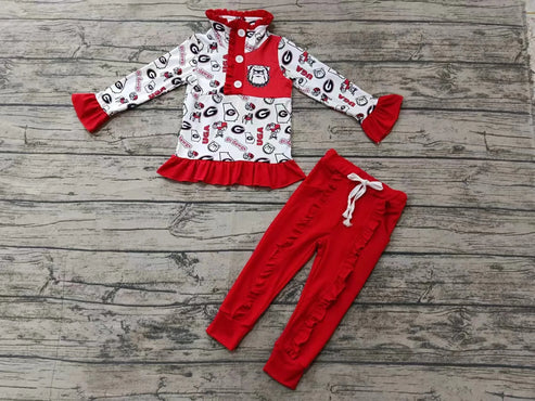 10.13  Custom Moq 8 Baby Girls Georgia Team Pullovers Shirts Top Ruffle Pants Clothes Sets