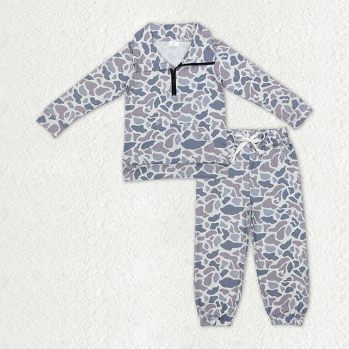 10.17 BT1041+P0651 Baby Boys Light Grey Camo Long Sleeves Pocket Zipper Pullover Top Jogger Pants Clothes Set