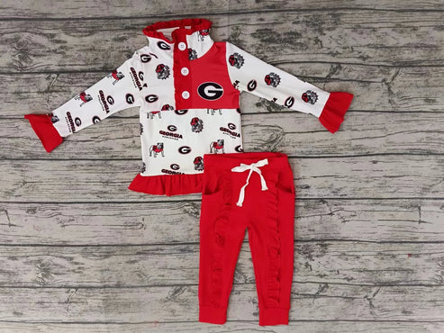 10.13  Custom Moq 8 Baby Girls Dogs Red Teams Pullovers Shirts Top Ruffle Pants Clothes Sets