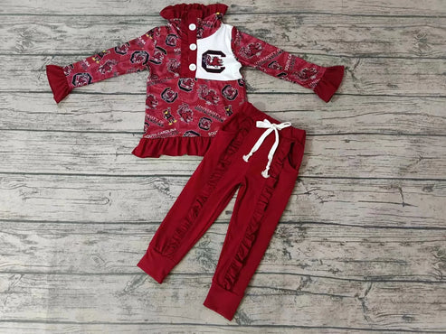 10.13  Custom Moq 8 Baby Girls Dark Red Teams Pullovers Shirts Top Ruffle Pants Clothes Sets