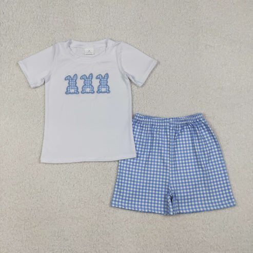 10.25 BSSO1123 Embroidery Baby Boys Easter Rabbits Shirts Checkered Shorts Clothes Set