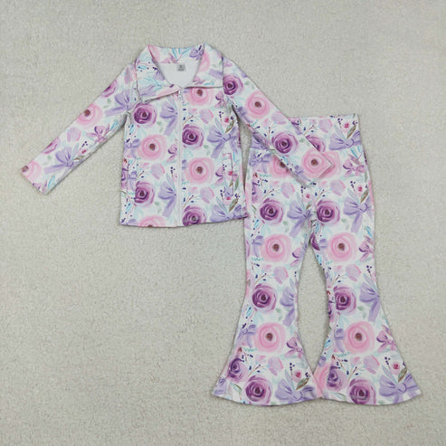 10.14 GT1083+P0774 Baby Girls Purple Flowers Bows Pockets Zipper Top Bell Bottom Pant Yoga Set
