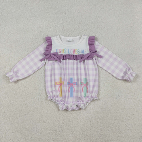 10.17 LR2740 Baby Girls Lavender Checked Jesus Love Me Cross Ruffle Romper
