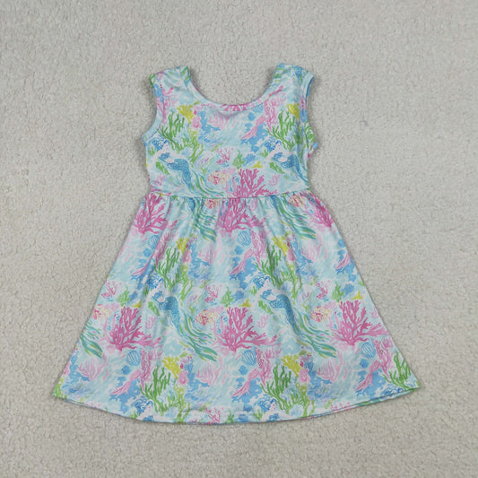 GSD3665 Kids Baby Girl Sleeveless Sea Plants Floral Knee Length Dresses