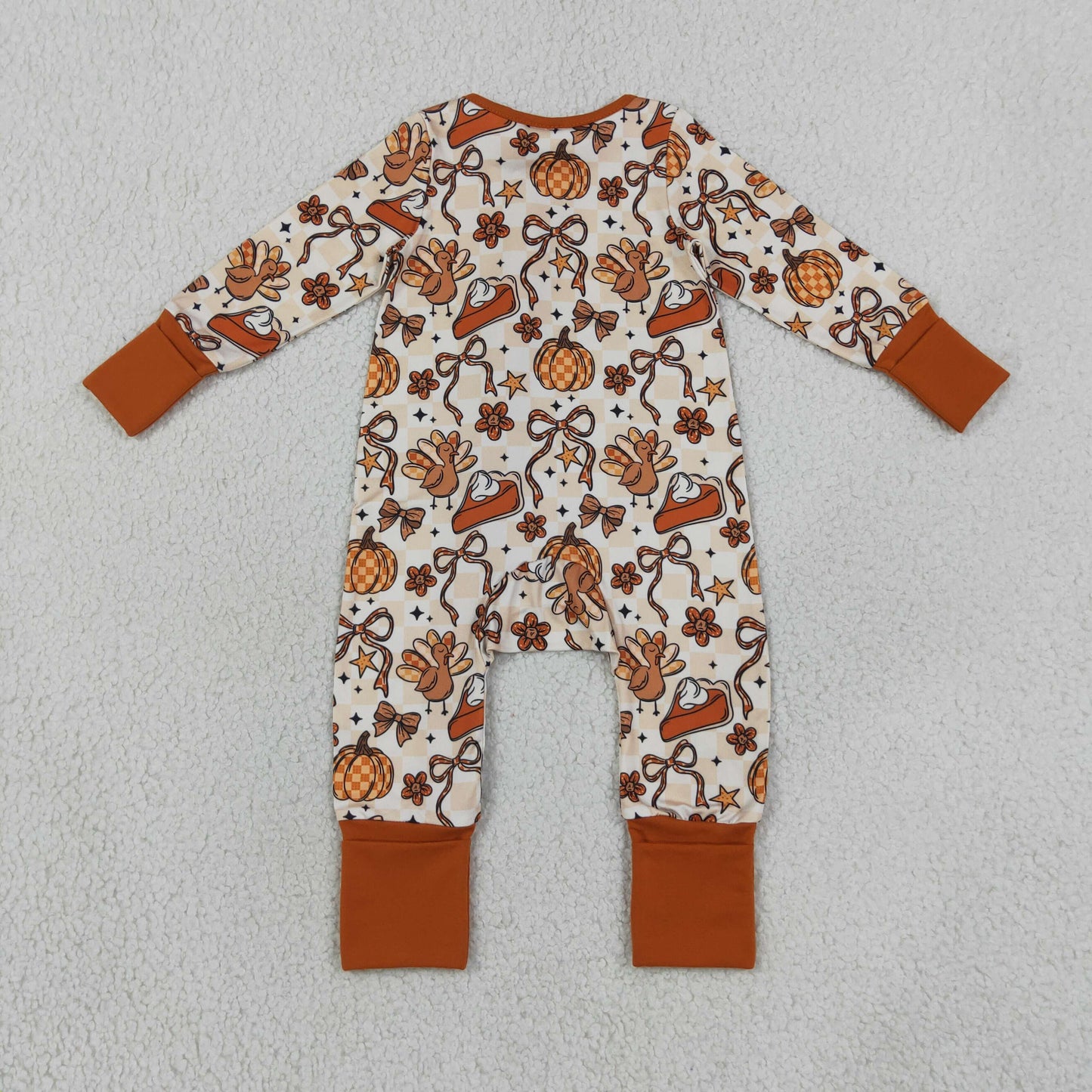 LR3119 Newborn Baby Girls Turkey Pumpkins Bows Thanksgiving Two Way Zip Convertible Rompers