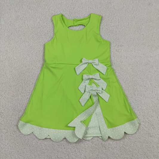 GSD3316 Kids Baby Girls Light Green Sleeveless Yoga Active Shorts Bows Scallop Knee Length Dresses
