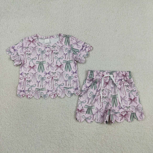 GSSO3409 Kids Baby Girls Short Sleeve Pink Green Bows Top Pockets Shorts Scallop Clothes Set