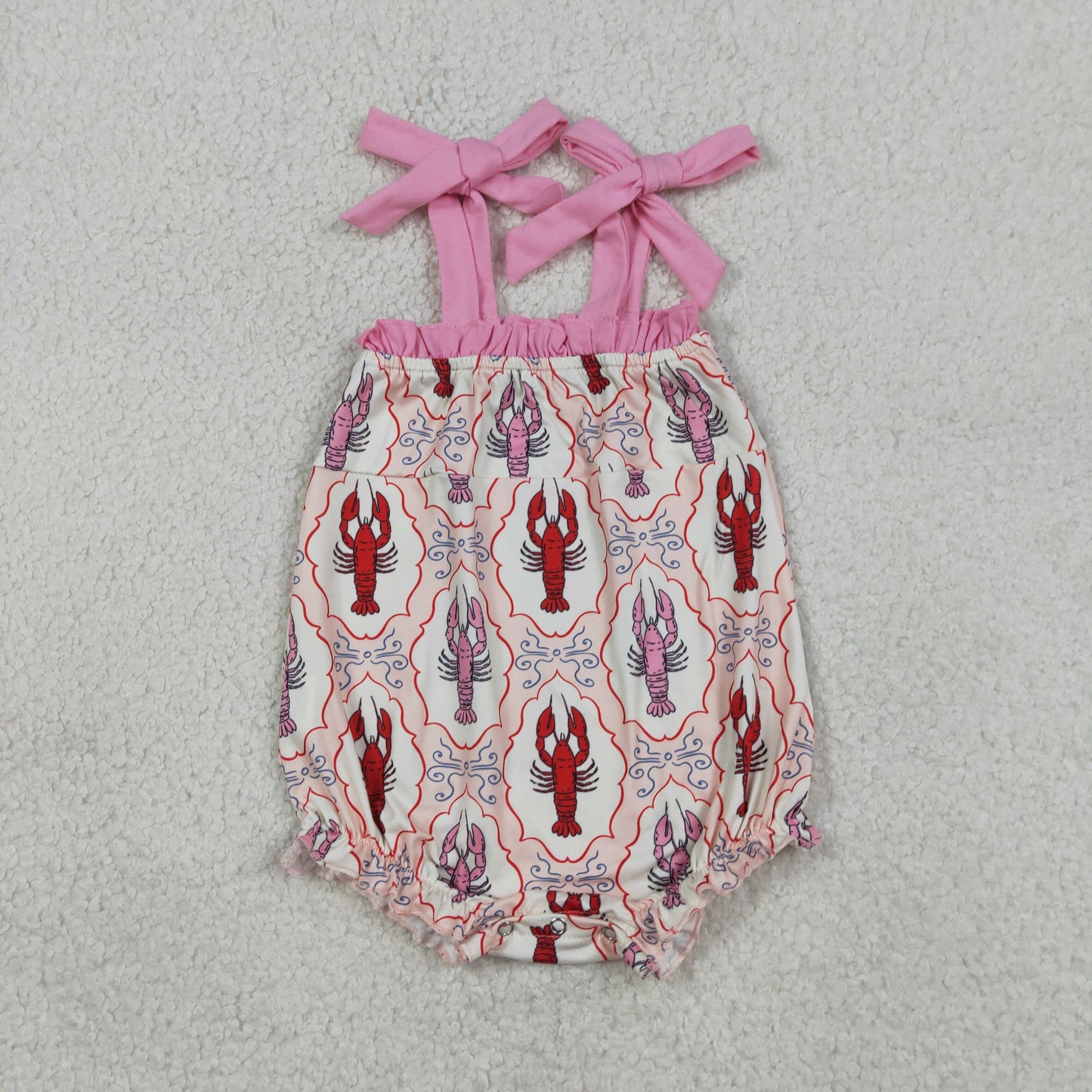 SR4032 Newborn Baby Girls Strap Bows Crayfishes Checked Ruffle Rompers