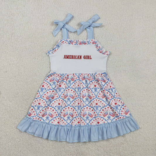 RTS NO MOQ(In Stock) GSD3239 Embroidered American Girl Flag and Star Pattern Blue Sundress