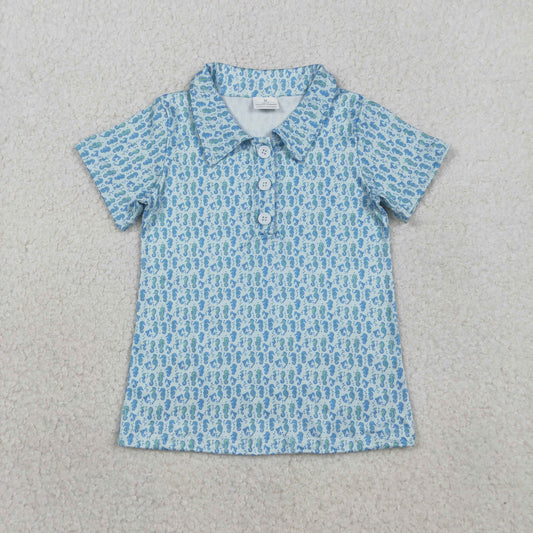 BT1113 Kids Baby Boy Blue Short Sleeve Seahorses Button Polo Shirts Tops