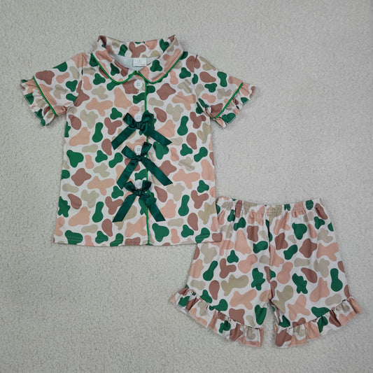 GSSO3367 Kids Clothing Baby Girls Khaki Green Camo Bows Button Top Ruffle Shorts Pajamas Sets