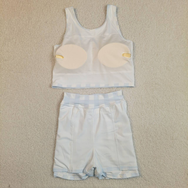 GSD3839 Kids Baby Girls Light Blue Checked Vests Top Skirt Short Yoga Active Clothes Set