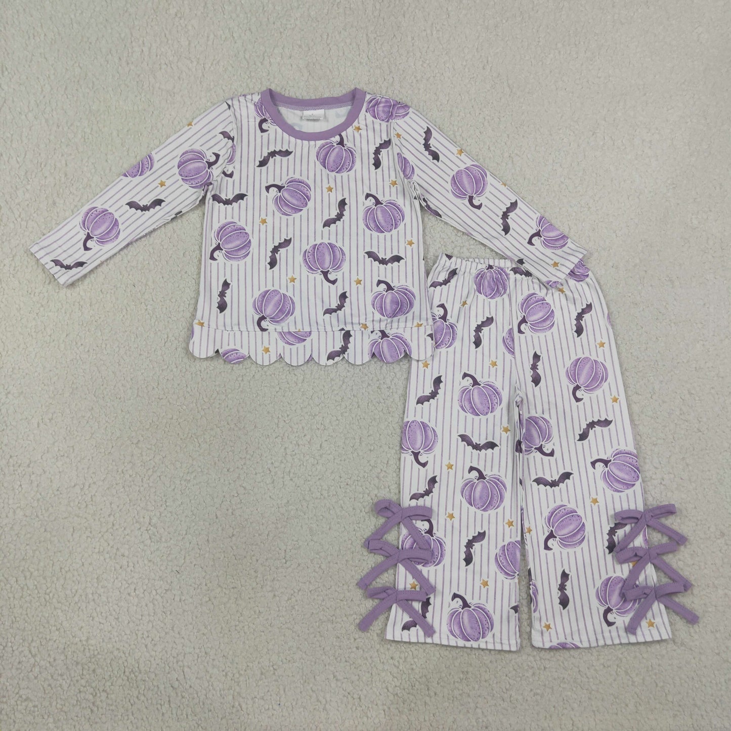 GLP3438 Kids Clothing Baby Girls Bats Pumpkins Stripe Scallop Top Bows Pants Halloween Clothes Set