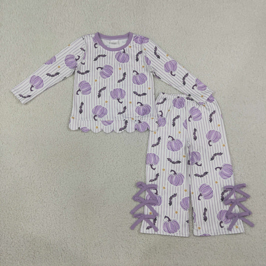 GLP3438 Kids Clothing Baby Girls Bats Pumpkins Stripe Scallop Top Bows Pants Halloween Clothes Set