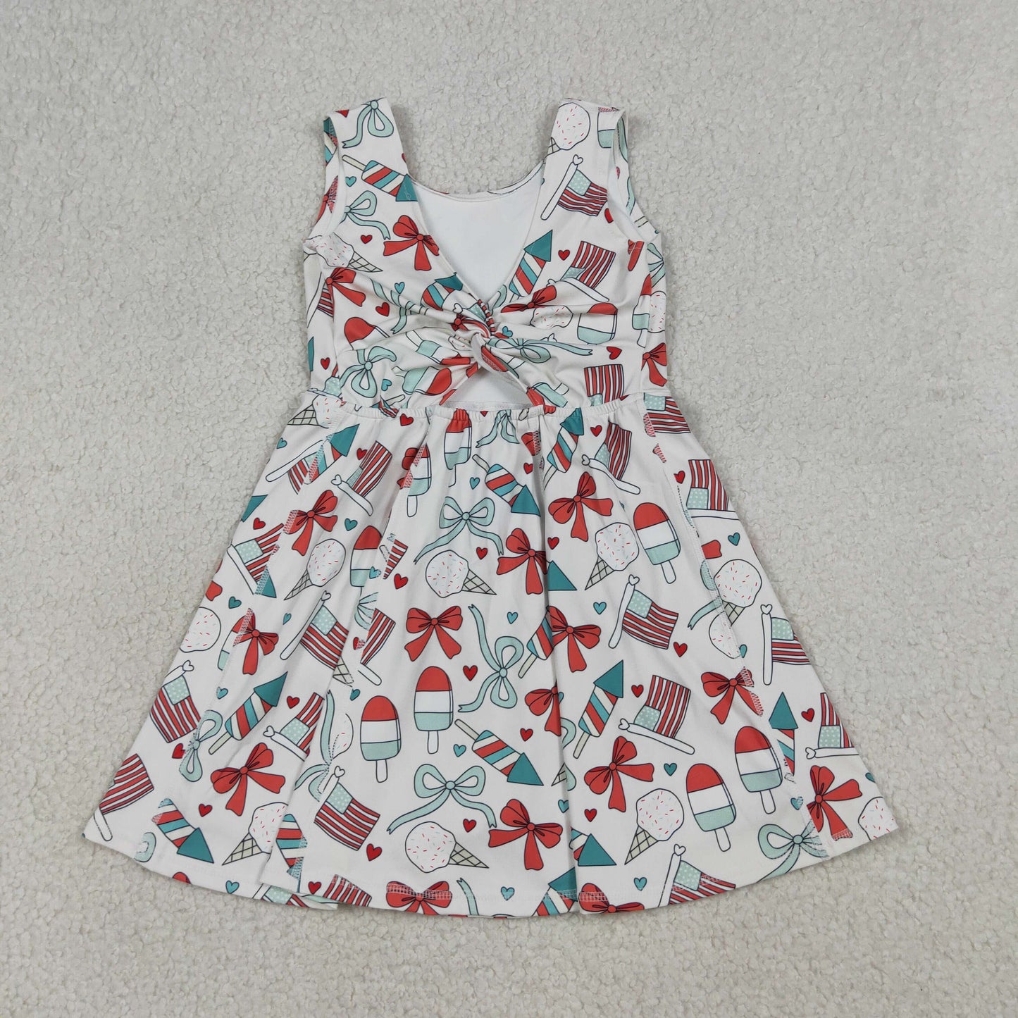 GSD3750 Kids Baby Girls Popsicle Flag Bows Yoga Active 4th of July Shorts Knee Length Dress