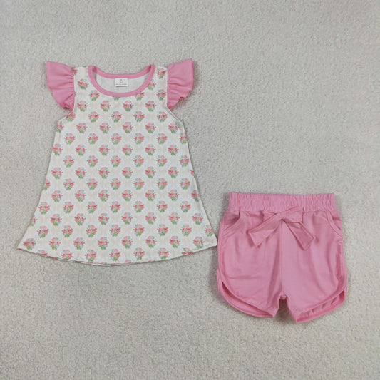 GSSO2953 Baby Girl Pink Flowers Checked Tunic Pockets Short Clothes Sets