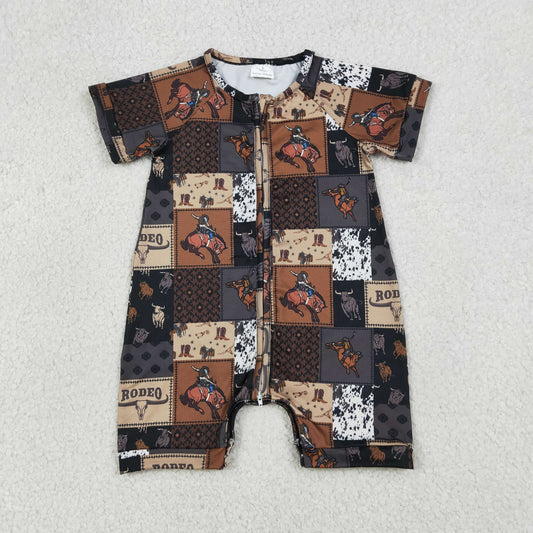 SR3545 Newborn Baby Boys Horse Rodeos Aztec Checked Western Zipper Rompers