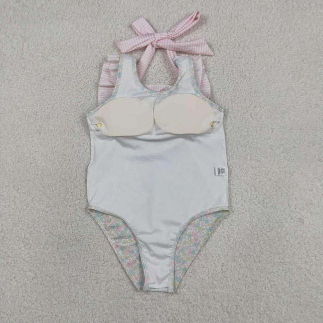 S0732 Kids Baby Girls Stripe Bow Flutter Sleeve Colorful Flowers Swimming Swimsuits