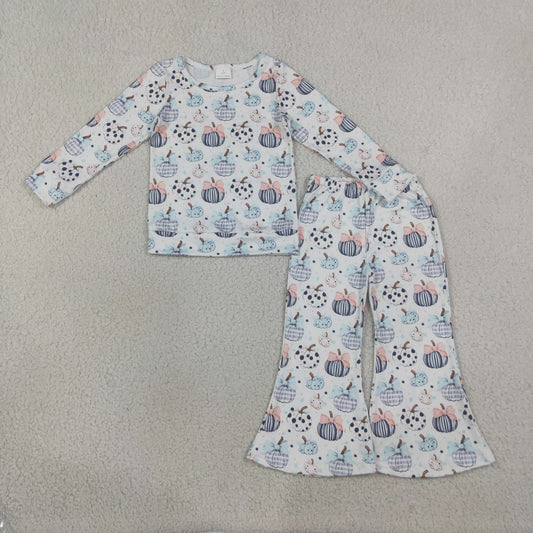 GLP3403 Kids Clothing Baby Girls Bows Pumpkins Shirt Top Flare Pant Fall Clothes Sets