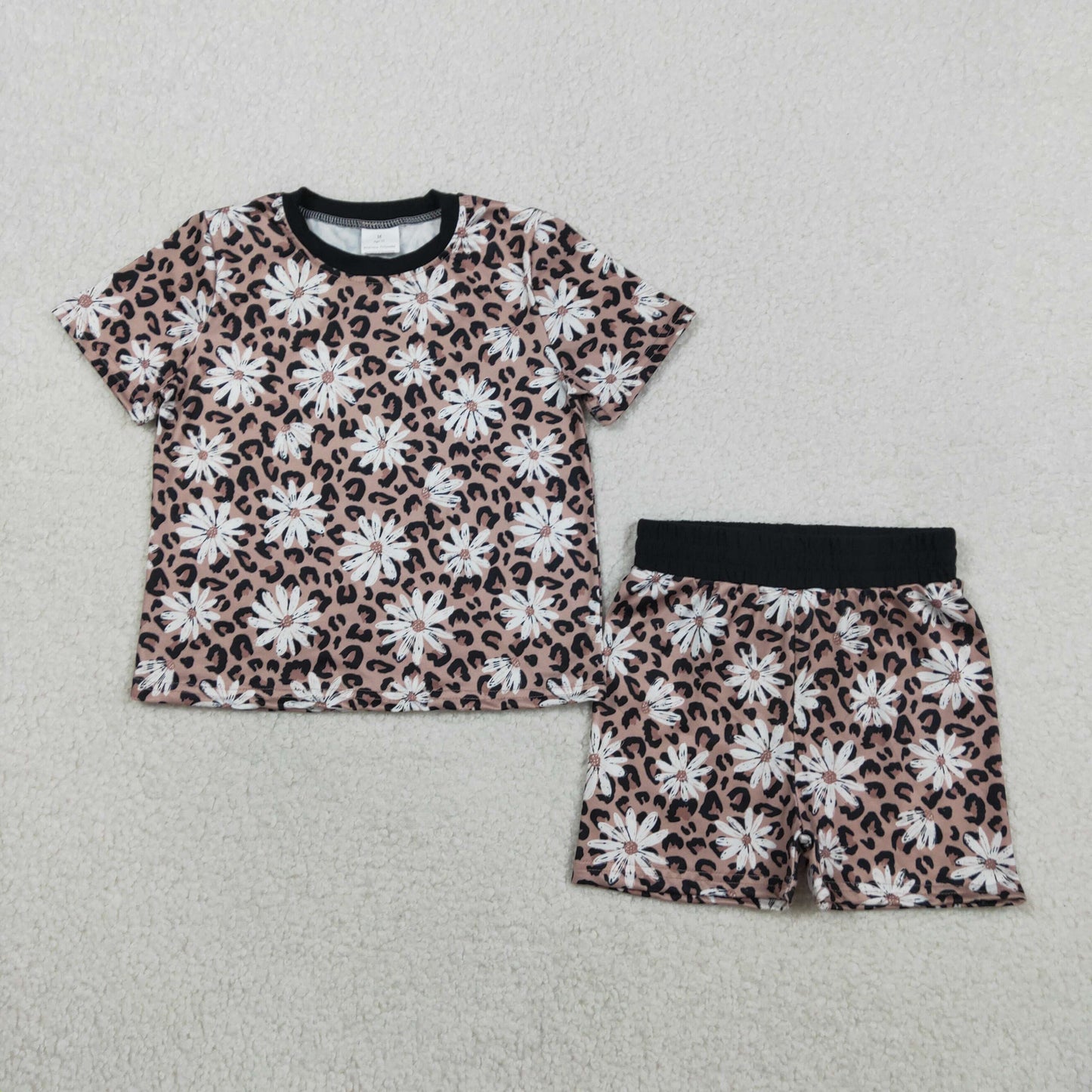 GSSO3079 Kids Baby Girl Leopard Daisy Flowers Top Short Pajamas Clothes Sets