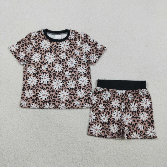 GSSO3079 Kids Baby Girl Leopard Daisy Flowers Top Short Pajamas Clothes Sets