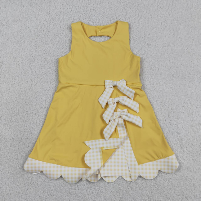 GSD3318 Kids Baby Girls Yellow Sleeveless Yoga Ruffle Shorts Bows Scallop Knee Length Dresses