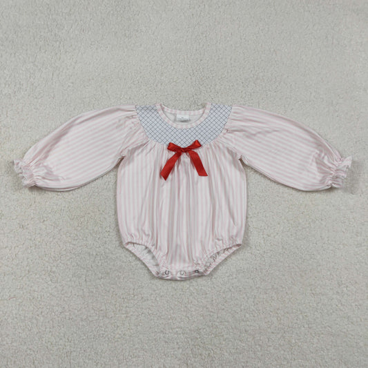 RTS NO MOQ(In Stock) Embroidered Red Bow Pink Vertical Stripe Long-Sleeve Jumpsuit
