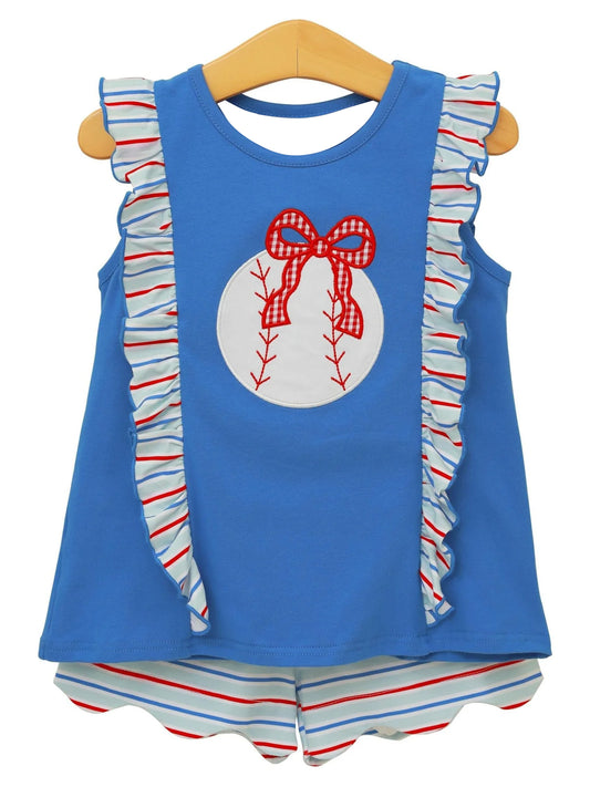 GSSO3191 Preorder Baby Girl Bow Baseballs Tunic Red Blue Stripe Shorts Team Clothes Sets
