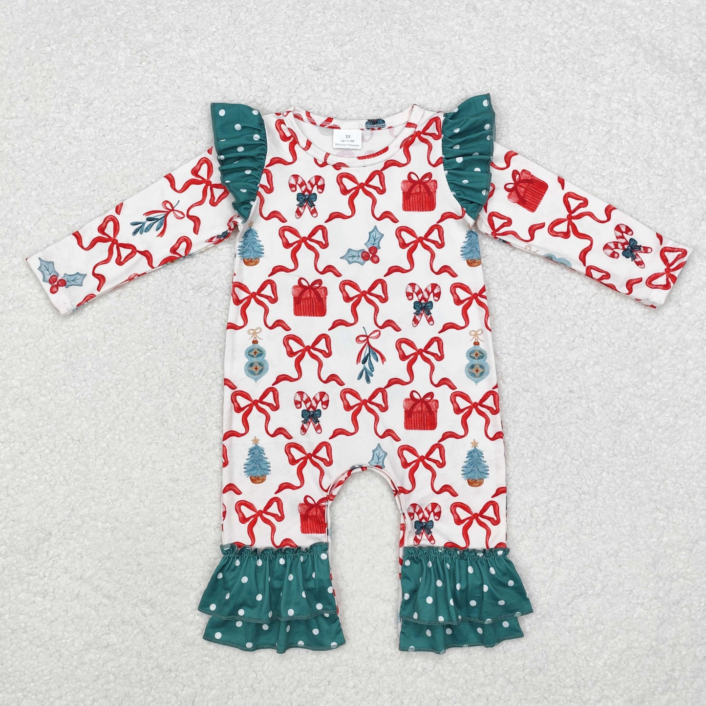 LR1285 Baby Infant Girls Christmas Bows Gifts Long Sleeve Romper