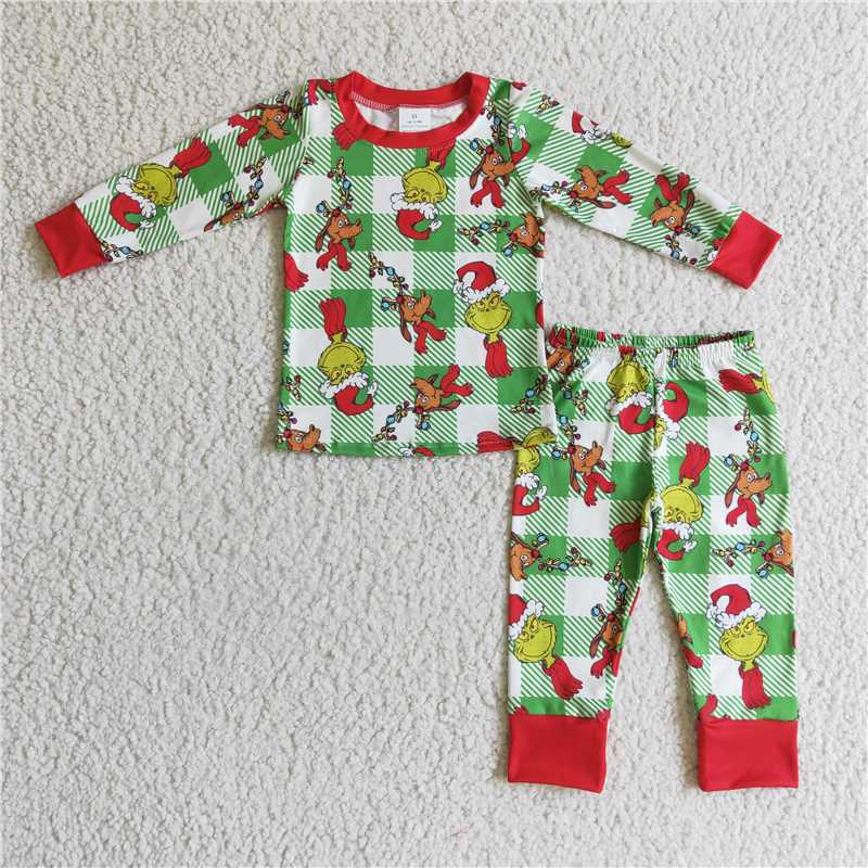 Sibling Baby Boys Christmas Plaid Green Bell Pants Sets