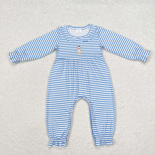 LR1448 Embroidery Baby Infant Girls Blue Stripes Dog Long Sleeve Romper