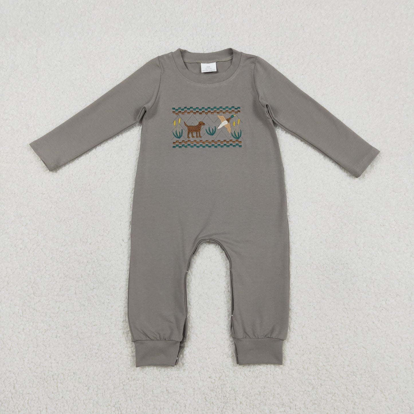 RTS NO MOQ（In Stock) LR2909 Embroidered puppy and duck grey-green long-sleeved jumpsuit