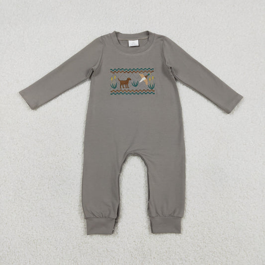 RTS NO MOQ(In Stock) LR2909 Embroidered puppy and duck grey-green long-sleeved jumpsuit